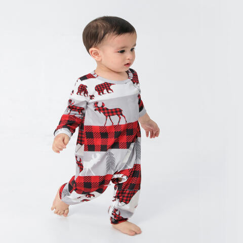 Baby Reindeer & Plaid Round Neck Jumpsuit (Size 2M to 24M)