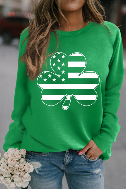 Green Raglan Sleeve Stripes Stars Clover Graphic Sweatshirt