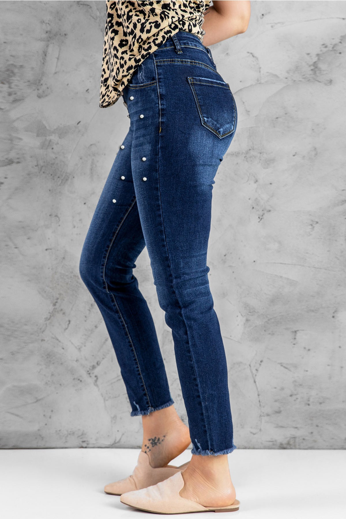 Blue Pearl Beaded Button Fly Distressed Skinny Jeans