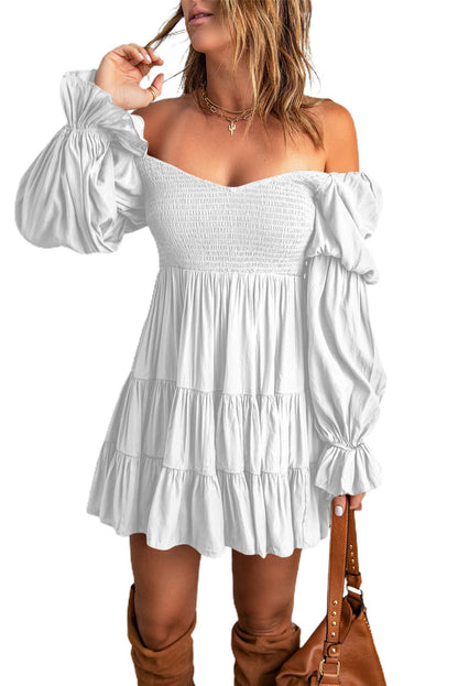 Boho Solid Shirred Ruffle Mini Dress