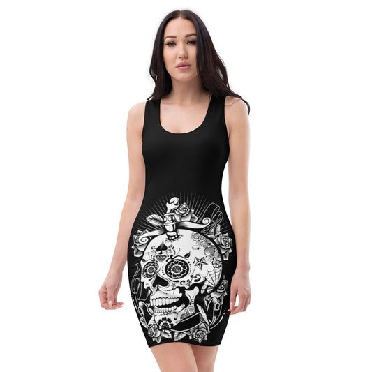 Ladies Sugar Skull with Roses & Skull Fitted Black Dress