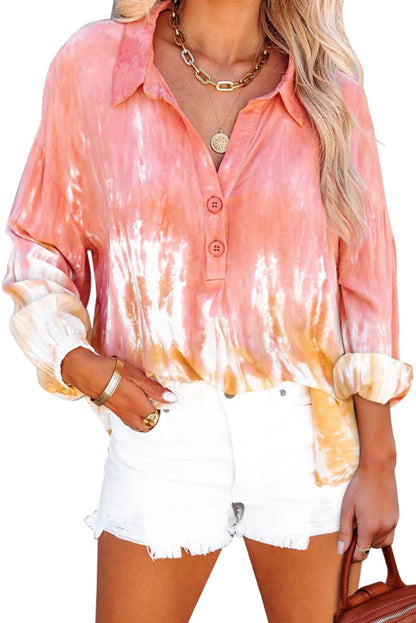 Tie Dye Print Lace-Up Buttoned Henley Top