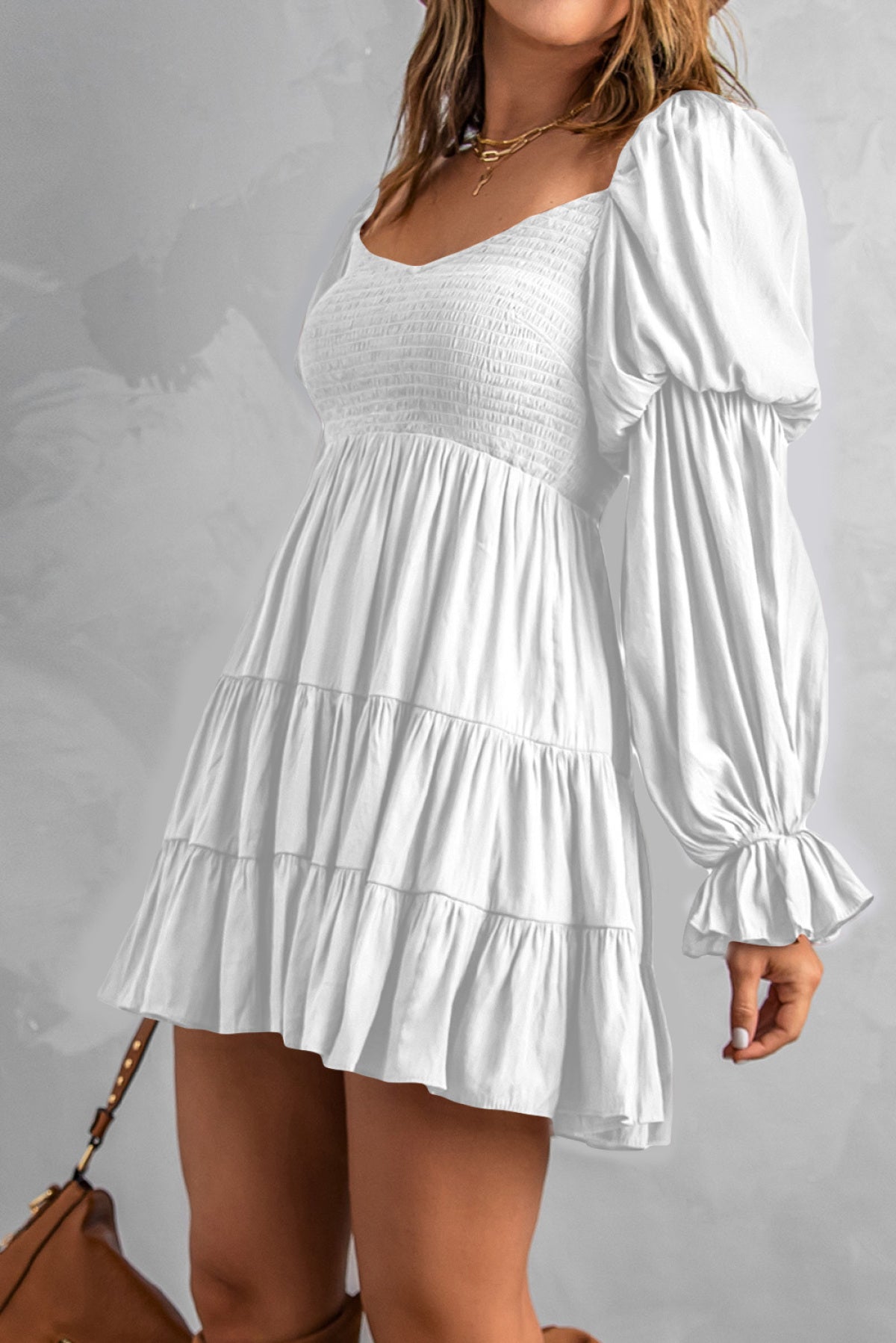 Boho Solid Shirred Ruffle Mini Dress