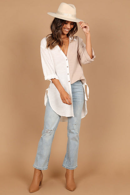 White V Neck Collared Curved Hem Contrast Colorblock Shirt