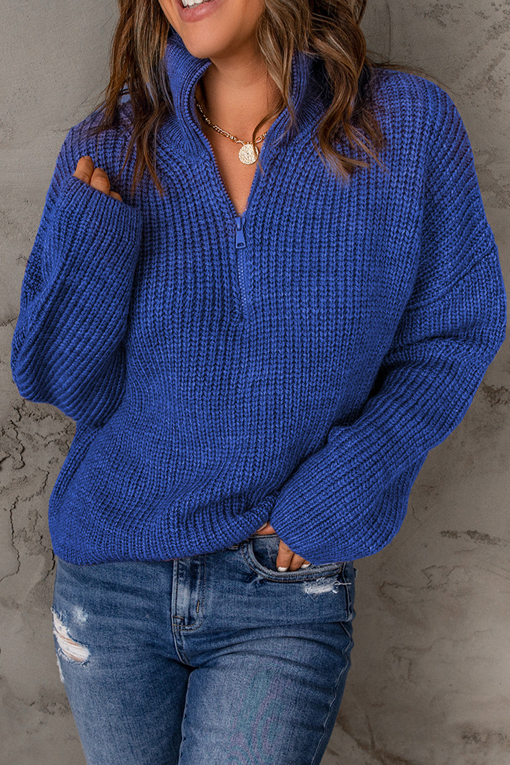 Half Zip Rib-Knit Dropped Shoulder Sweater