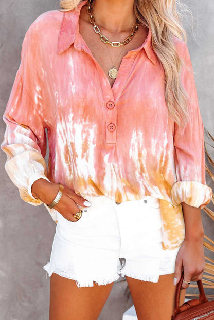 Tie Dye Print Lace-Up Buttoned Henley Top