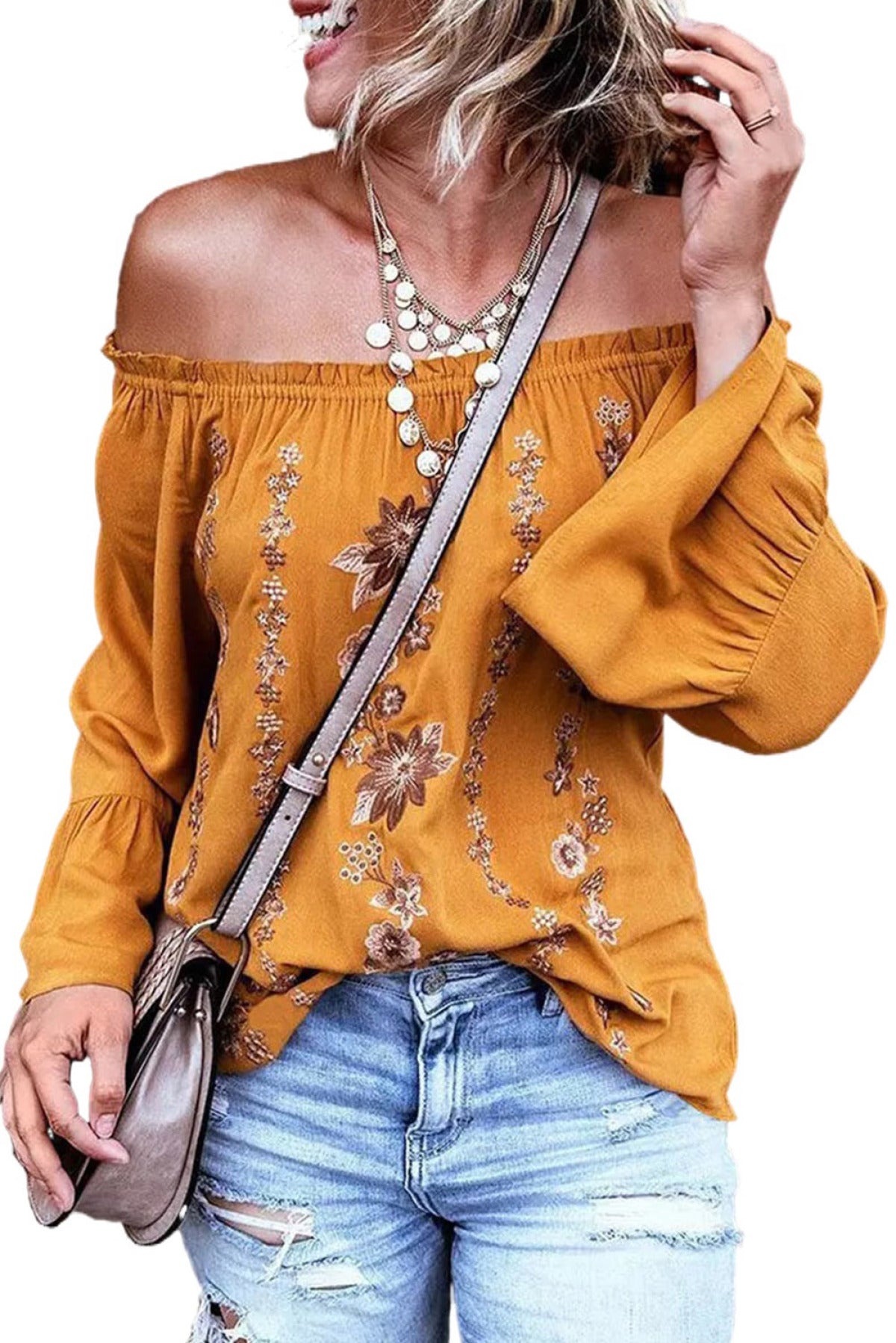 Yellow Floral Print Ruffled Off Shoulder Blouse