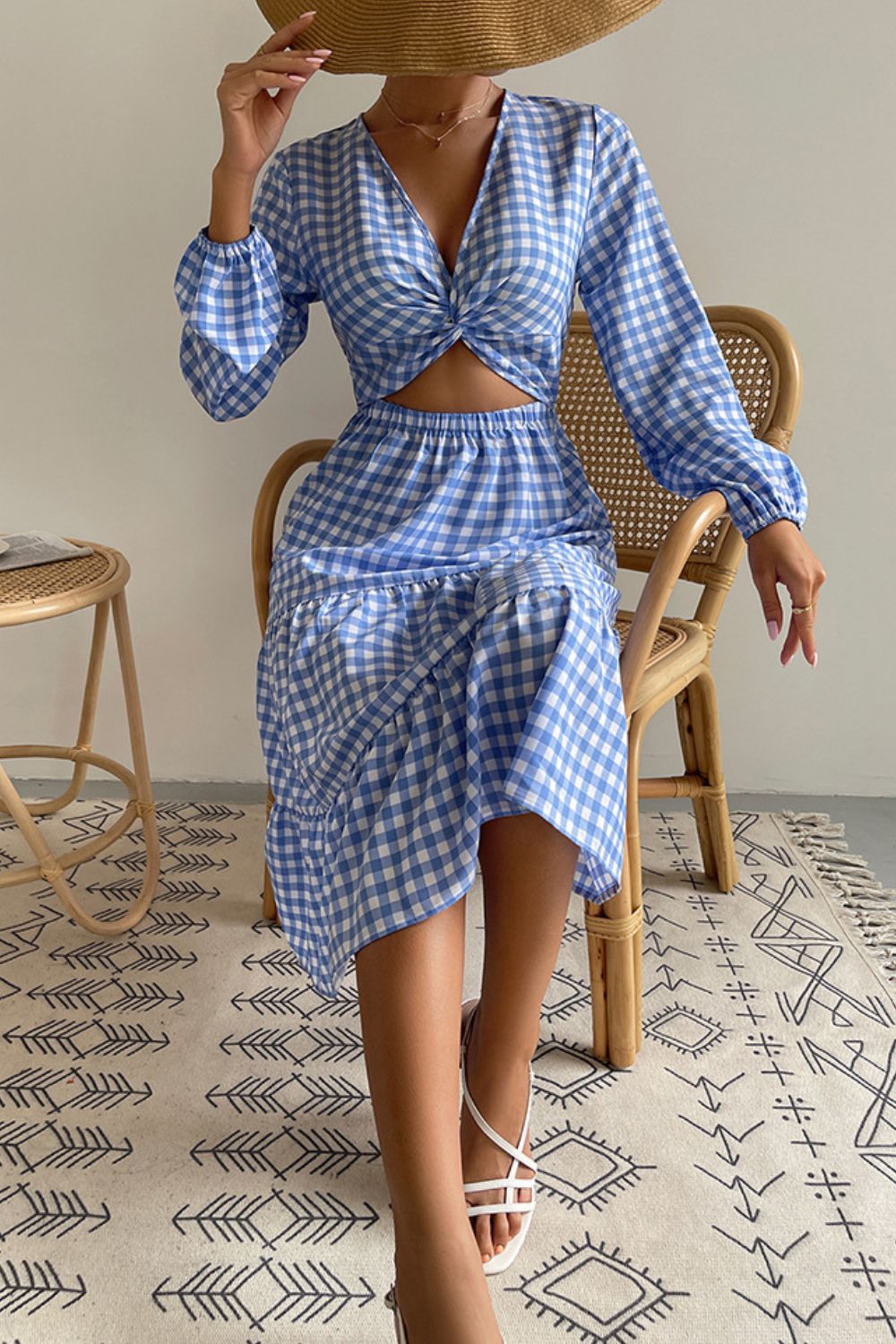 Plaid Cutout Twist Front Midi Dress