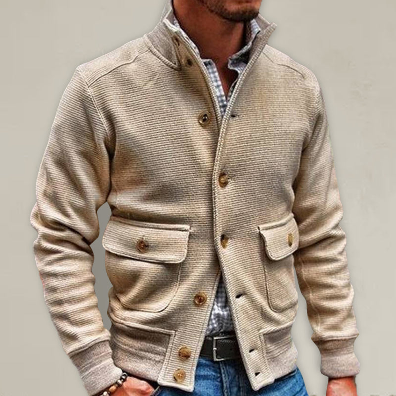 Men’s Solid Color Chunky Waffle Knit Button Front Jacket