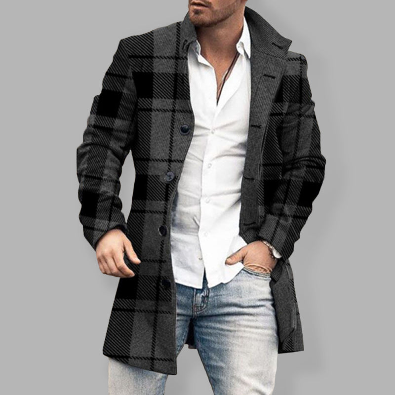 New men's woolen stand collar mid-length pocket casual coat