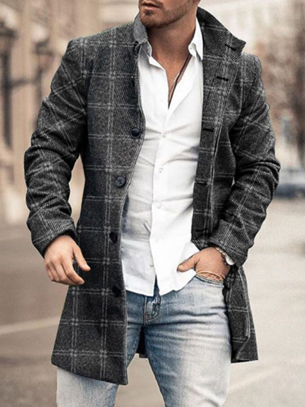 New men's woolen stand collar mid-length pocket casual coat