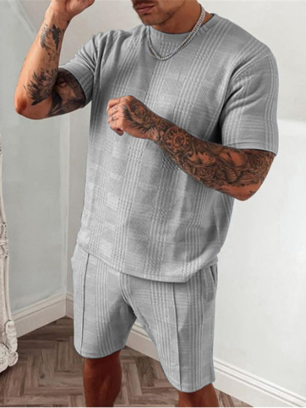 Men's casual plaid short-sleeved T-shirt + shorts two-piece set
