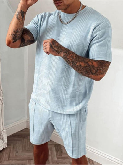 Men's casual plaid short-sleeved T-shirt + shorts two-piece set