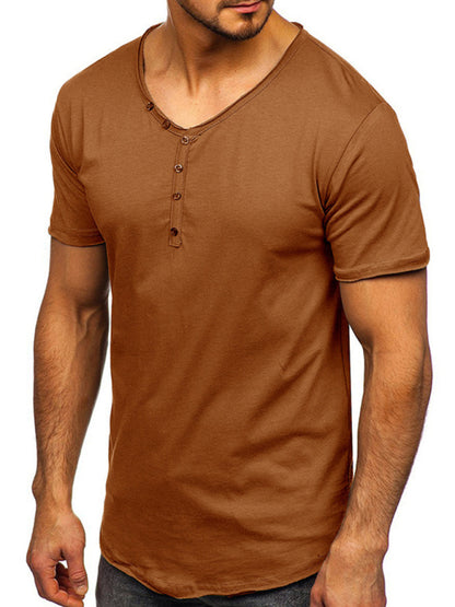 Men's Knit V-Neck Short Sleeve Henley T-Shirt