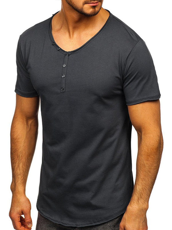 Men's Knit V-Neck Short Sleeve Henley T-Shirt