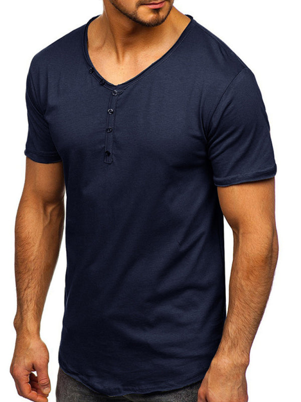 Men's Knit V-Neck Short Sleeve Henley T-Shirt