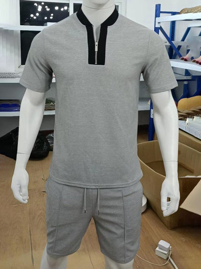 Men's Contrasting Color Waffle V-Neck Zipper T-Shirt + Shorts Casual Suit