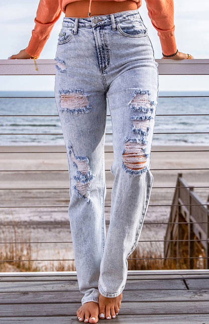 Sky Blue Fading Wash Distressed Casual Jeans
