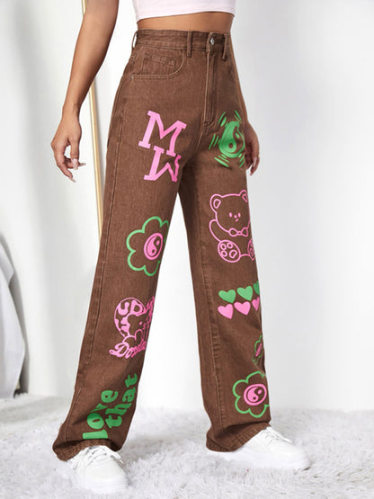 Women's Graffiti Graphics On The Front Wide-leg Silhouette Jeans