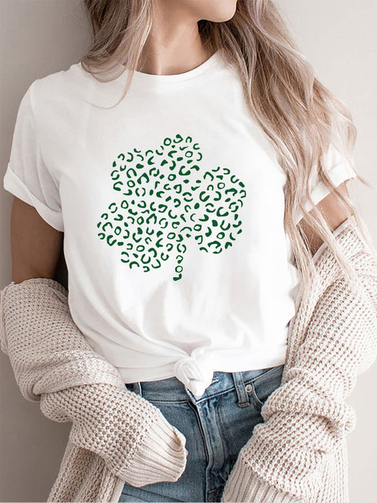 Printed Dotted Short Sleeve Four-leaf Clover T-shirt
