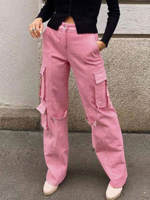 Women's Solid Color Multi Pockets Cargo Pants