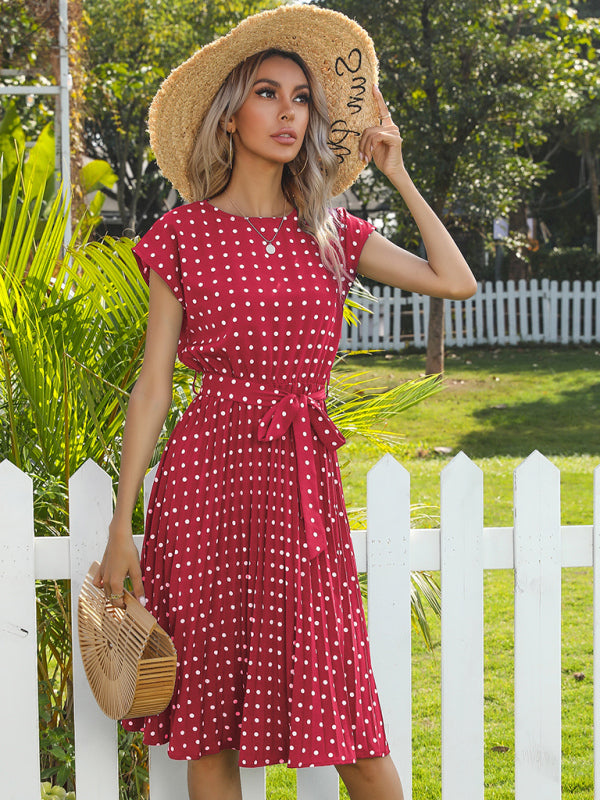 Women's Polka Dot Short Sleeve Pleated Midi Dress