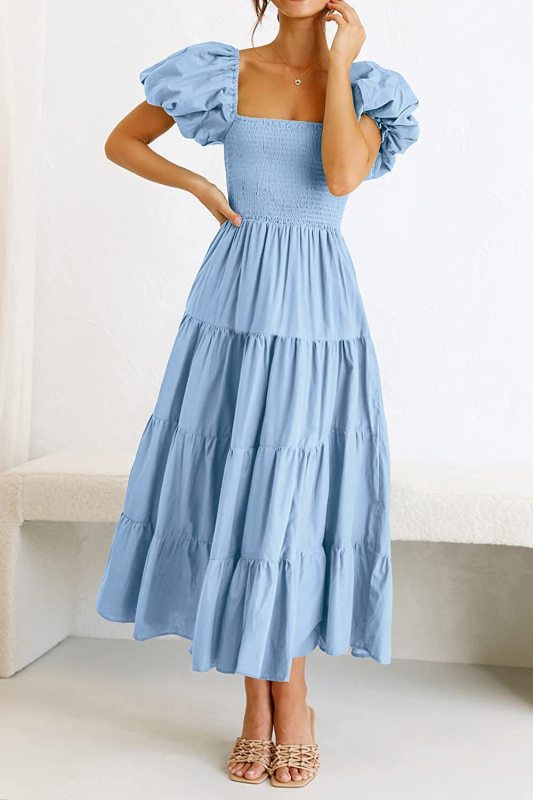 Women's Solid Color Square Neck Backless Puff Sleeve Pleated Dress