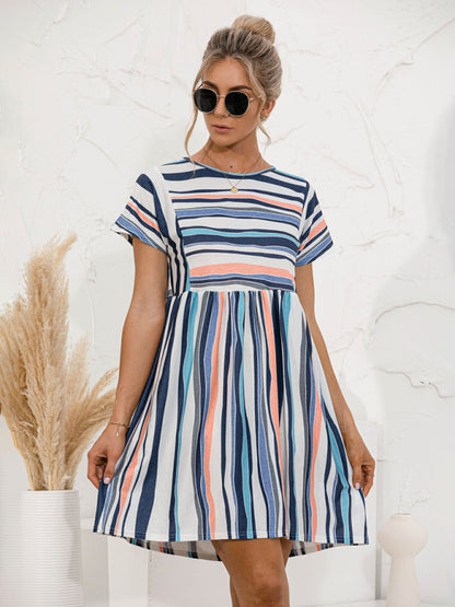 Women's color striped short sleeve loose dress