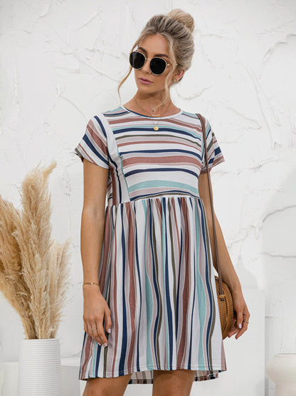 Women's color striped short sleeve loose dress
