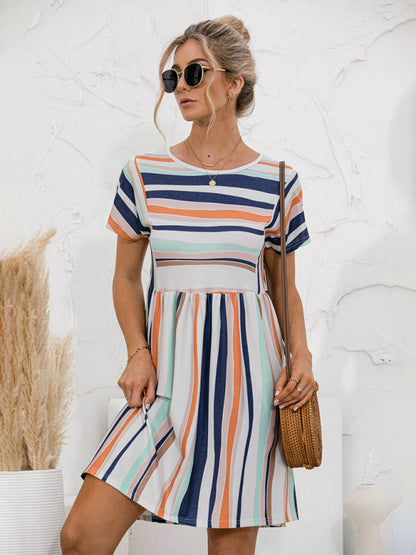 Women's color striped short sleeve loose dress