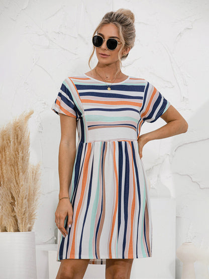 Women's color striped short sleeve loose dress