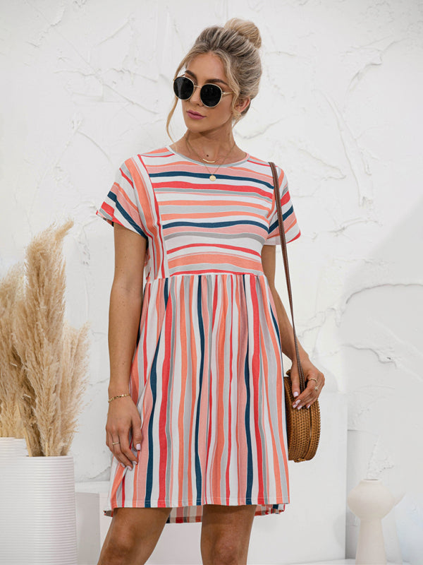 Women's color striped short sleeve loose dress