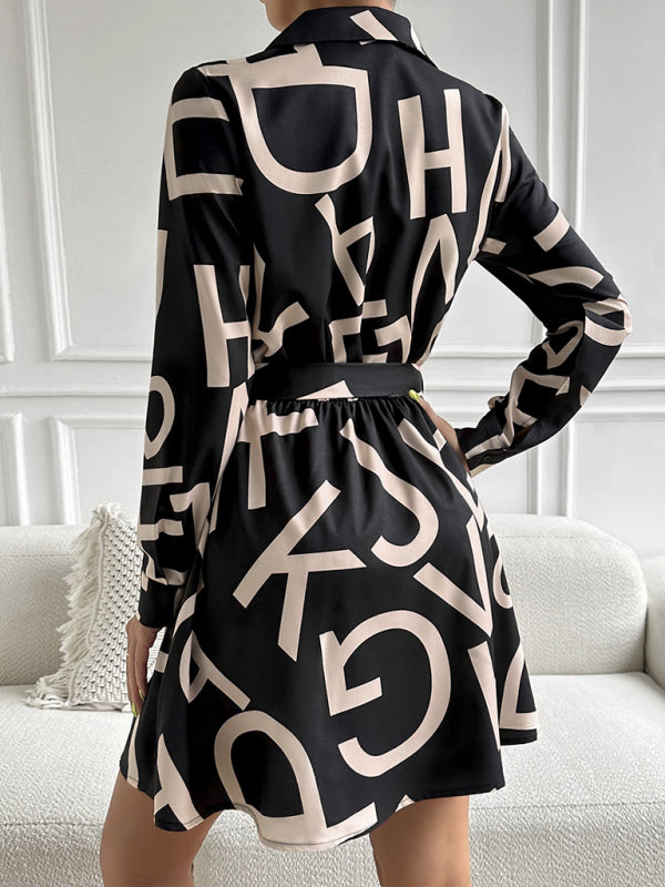 Women's woven commuter fashion geometric print long-sleeved dress
