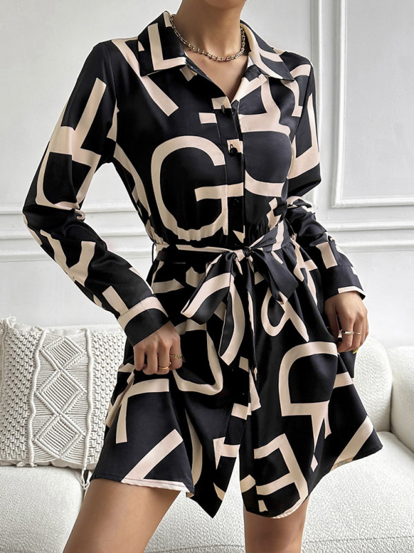Women's woven commuter fashion geometric print long-sleeved dress