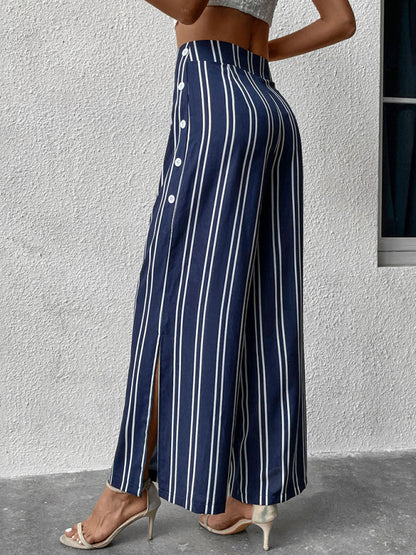 Women's striped commuter style slit high waist wide leg pants