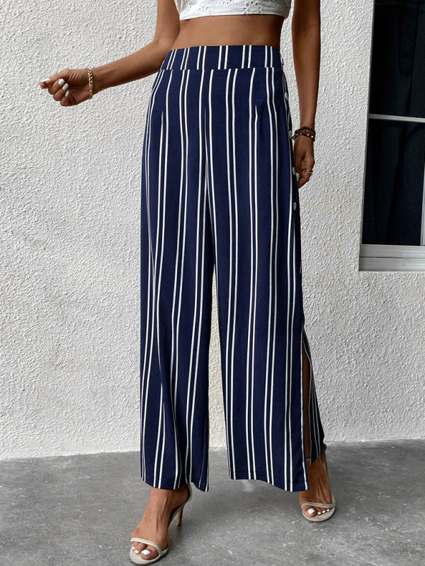 Women's striped commuter style slit high waist wide leg pants