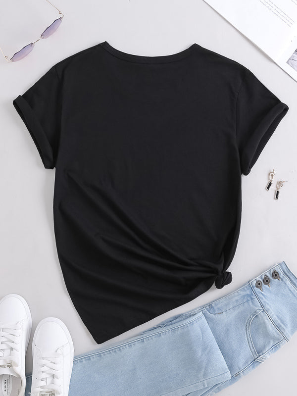 Women's Knitted Round Neck Independence Day Print Short Sleeve T-Shirt