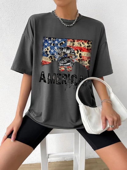 Women's Knitted Round Neck Casual Independence Day Oversize Short Sleeve T-Shirt