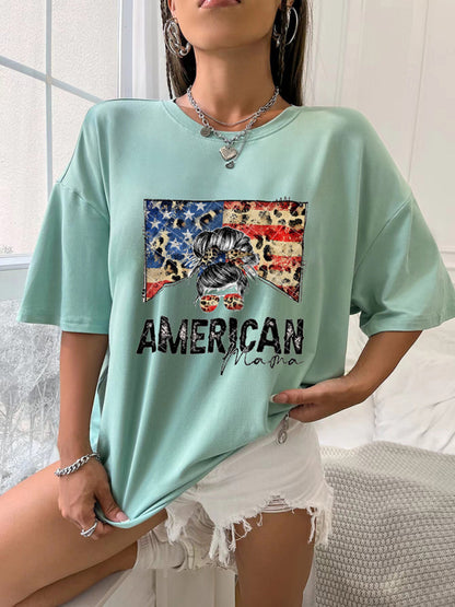 Women's Knitted Round Neck Casual Independence Day Oversize Short Sleeve T-Shirt