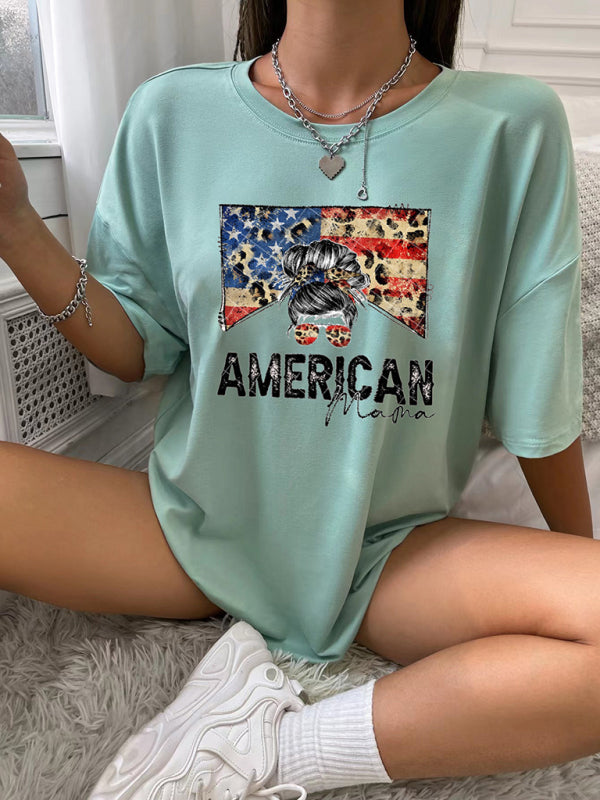Women's Knitted Round Neck Casual Independence Day Oversize Short Sleeve T-Shirt