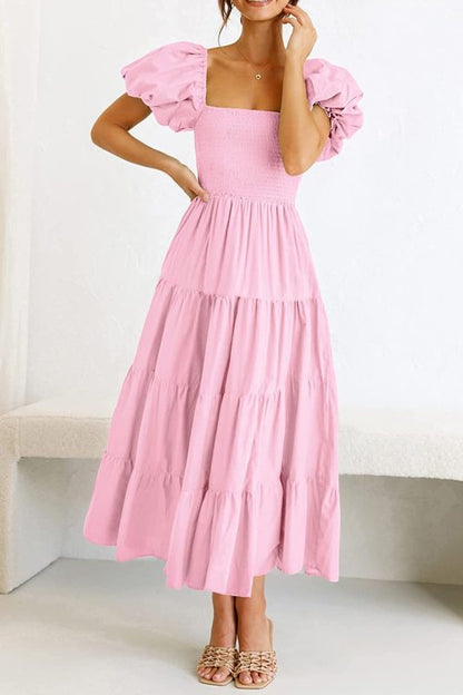 Women's Solid Color Square Neck Backless Puff Sleeve Pleated Dress